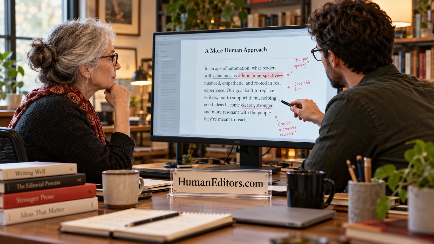 An editor considering a manuscript in a warm studio